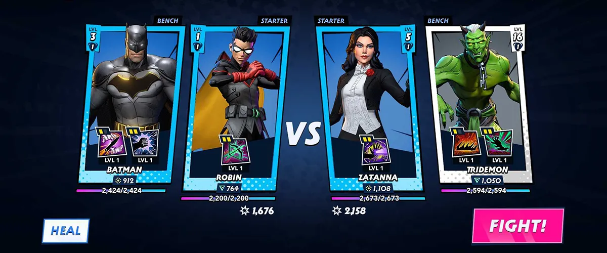 The new pre-match-up screen - Batman, Robin, Zatanna, and Tridemon lined up before a PvP fight