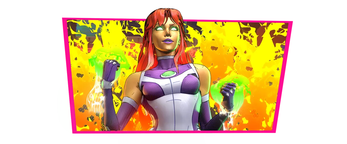 Starfire emote - fists raised, wreathed in fire