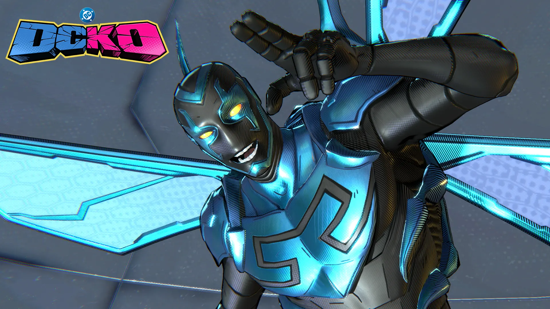 Blue Beetle strikes a pose, wings spread - DCKO Regional Early Access
