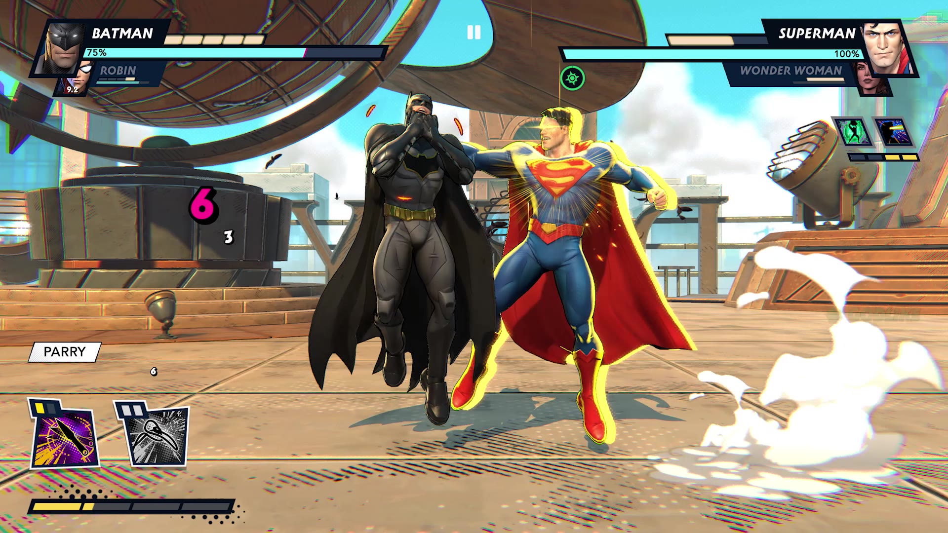 A live PvP match in DCKO — two DC duos clash in a neon city arena